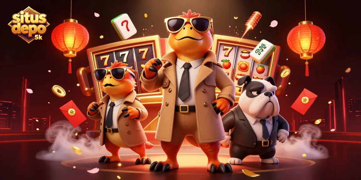 Engage in exhilarating action at situs depo 5k with animated raptors in a casino scene, surrounded by vibrant game symbols.