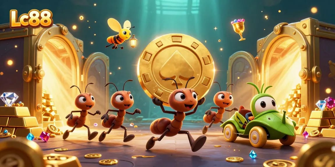 Join the adventure at Lc88 as ants pull off a heist with a giant poker chip in a casino-themed illustration.