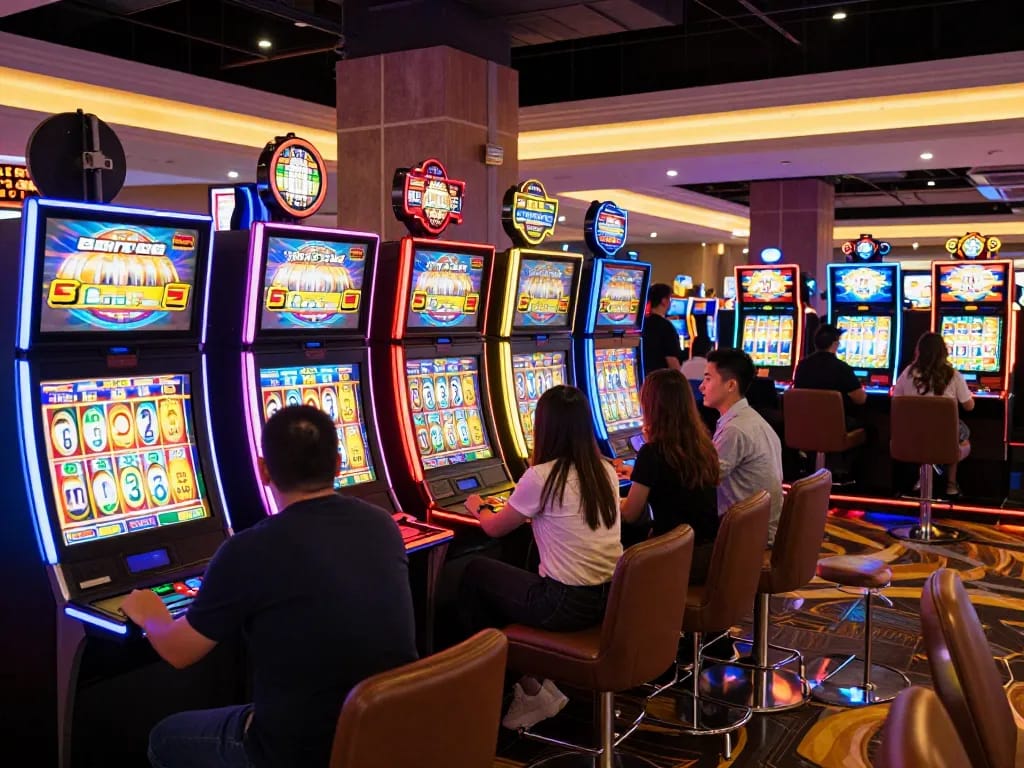 Players enjoying cm88 slot machines in a vibrant casino atmosphere with colorful displays