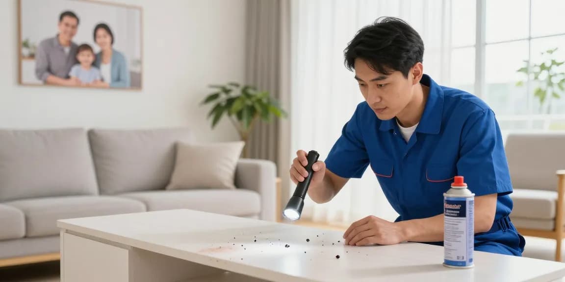 Bed bug control expert inspecting for pests in a modern living room.