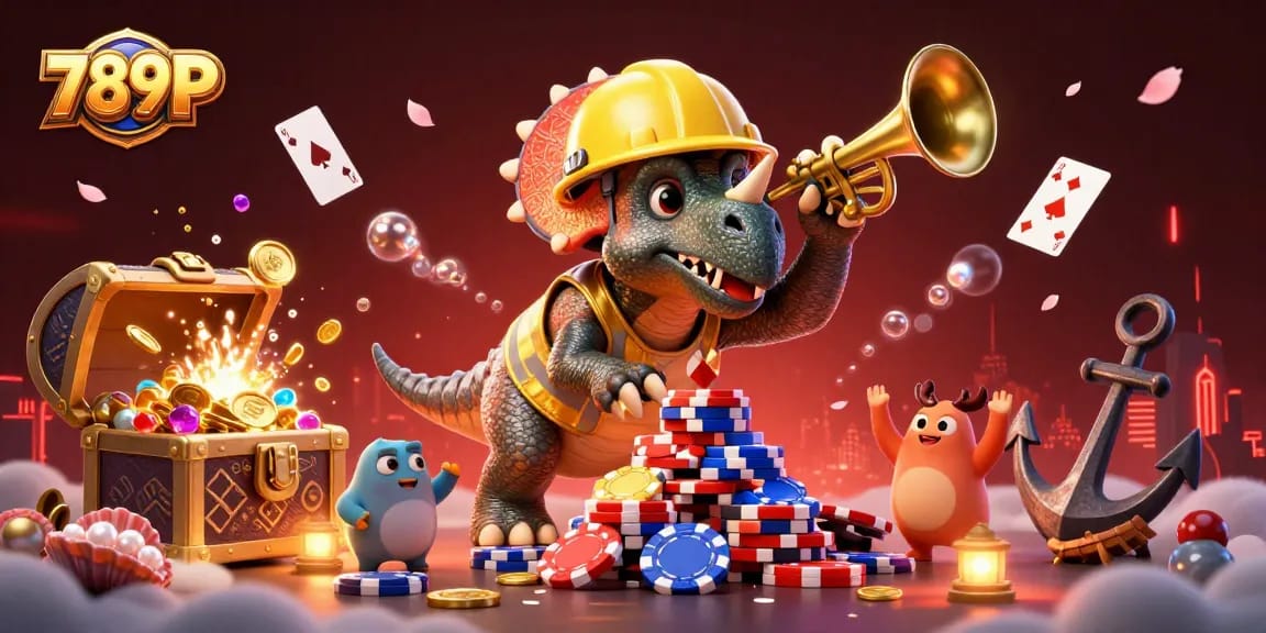 Build excitement at 789P with playful characters celebrating amidst dazzling casino elements.