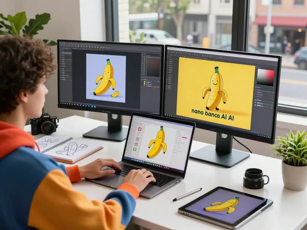 Designer utilizing nano banana 2 AI in a modern workspace, generating vibrant digital images.