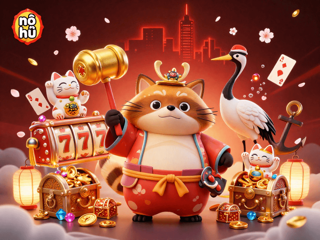 Nổ hũ slots scene depicting raccoon dog, crane, and fortune cats amidst vibrant casino elements.