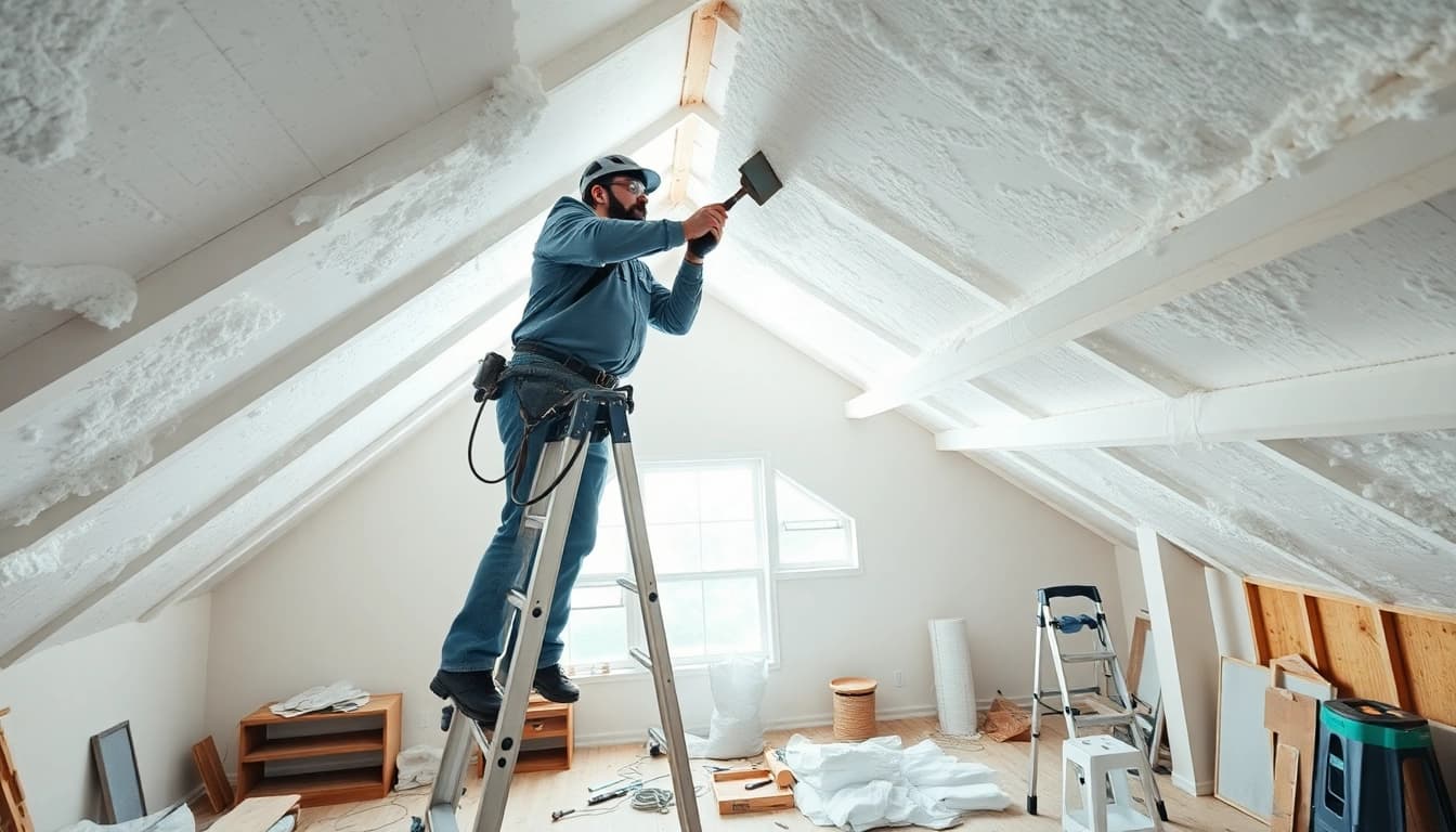 Technician executing spray foam removal near Worthing in a clean attic environment.