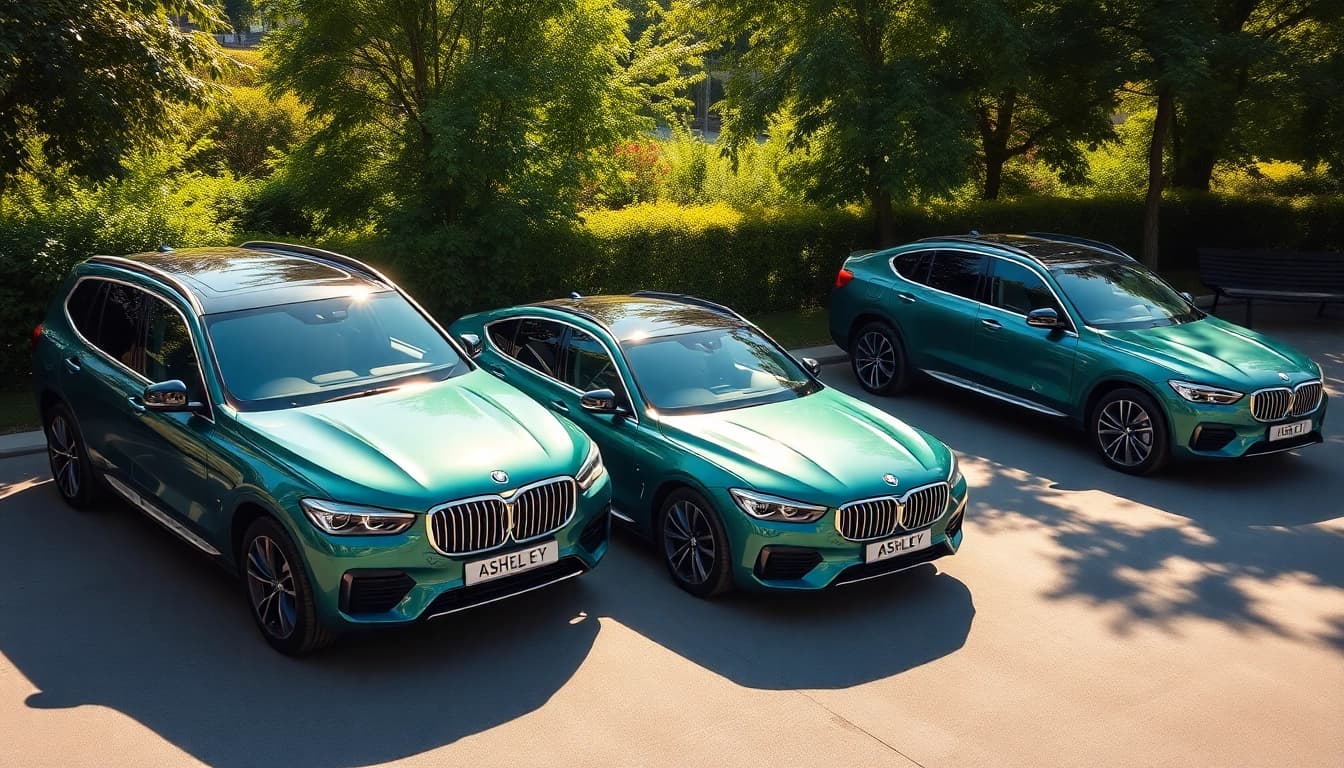 Ashley cars parked in a sunlit driveway, showcasing their sleek design and vibrant colors.