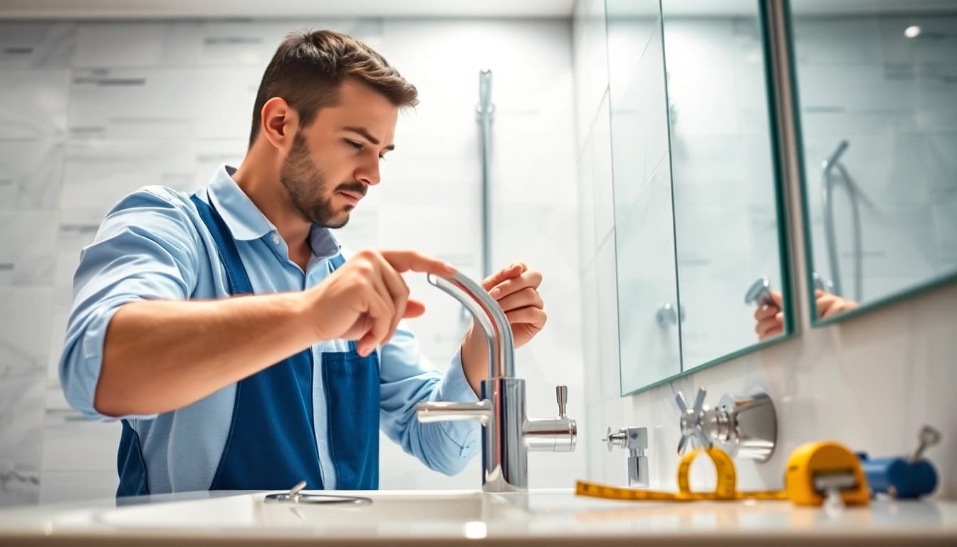 Plumber troubleshooting shower not working in a modern bathroom setting.