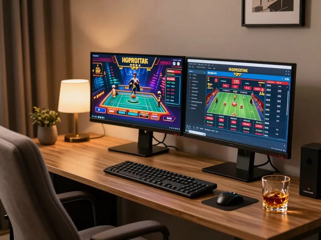 Engaged player experiencing FO88's online gaming features on a sleek dual-monitor setup with sports betting.