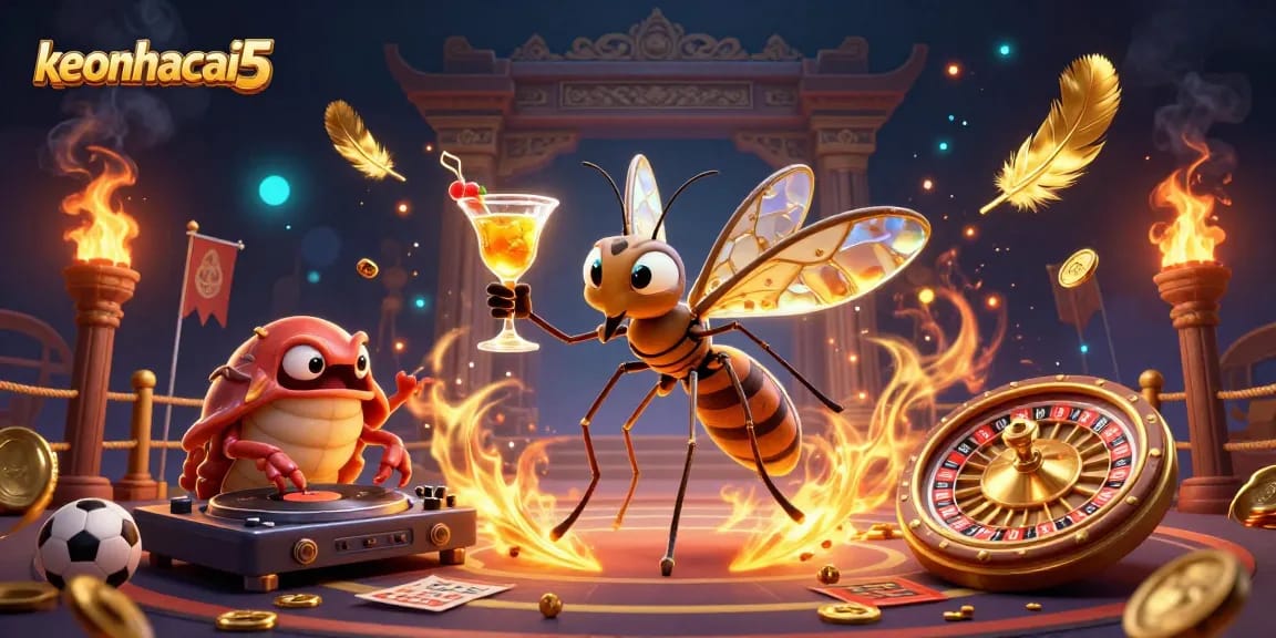 Experience the vibrant action of keonhacai5 with sports betting elements in a dynamic casino scene.