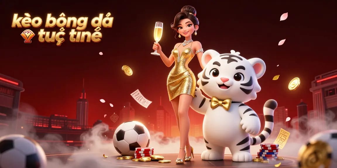 Betting on kèo bóng đá trực tuyến with a glamorous woman and a lucky tiger cub in a rich casino scene.