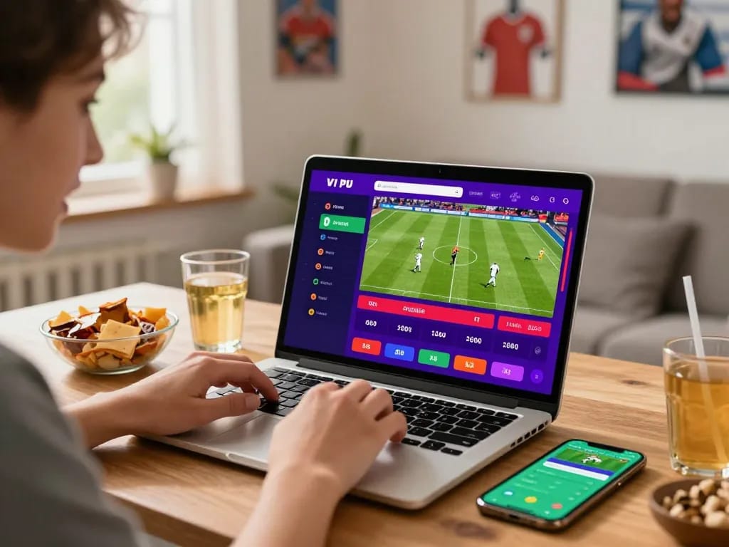 Exciting web cá cược bóng đá scene with a person engaging in live betting at home.