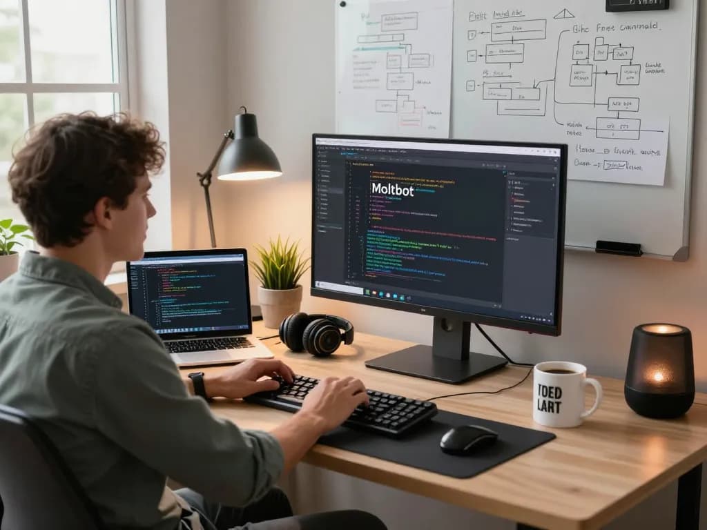 Moltbot interface on a developer's monitor in a modern workspace, illustrating powerful AI capabilities.