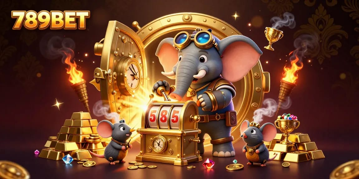 Spin the golden slot machine with excitement at 789BET, surrounded by riches and engaging characters.