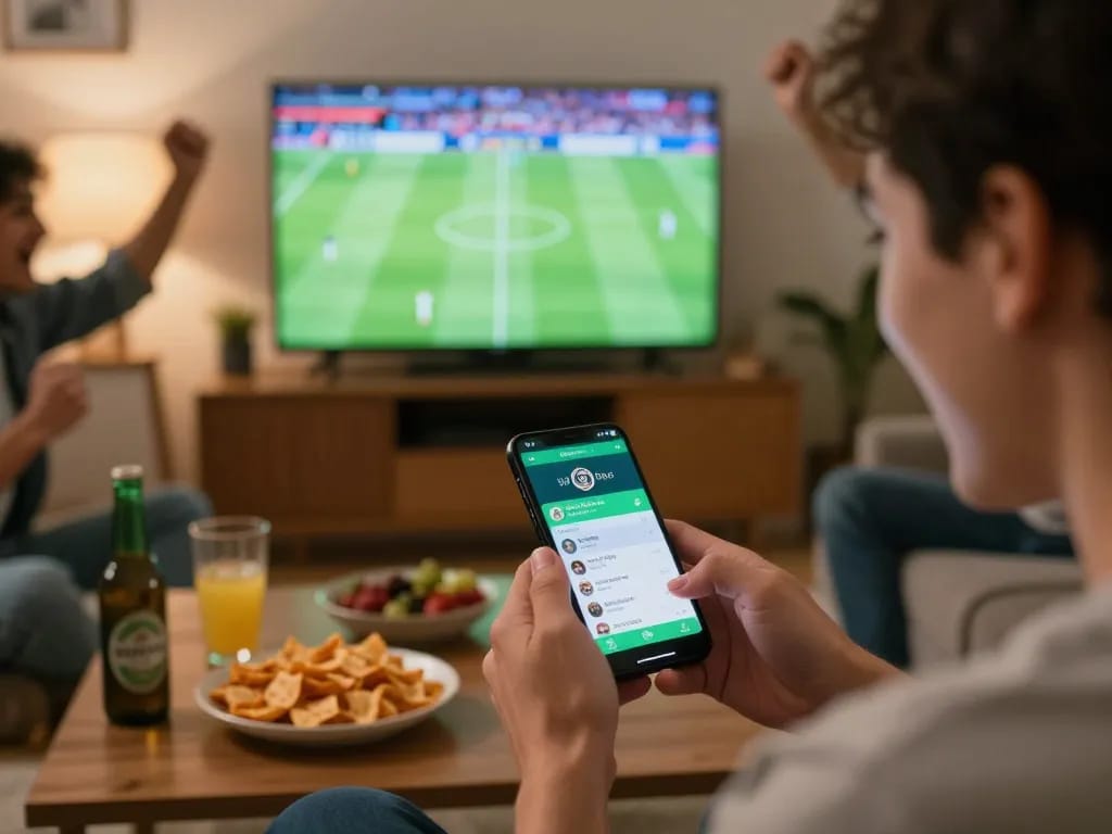 Engaging moment of placing tỷ lệ kèo trực tuyến bets on a smartphone during a live match