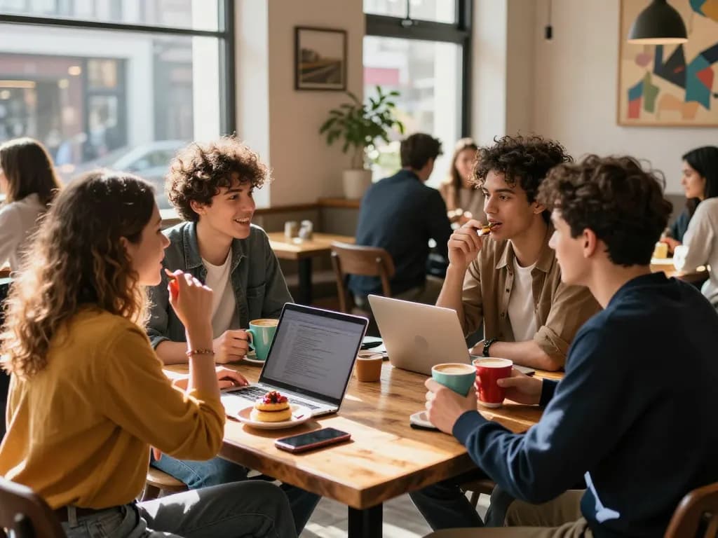 Engaging spicy chat atmosphere in a trendy café with diverse young adults enjoying lively conversation.