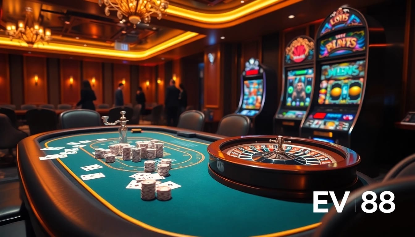 Experience the luxury of EV88 casino with vibrant gaming tables and exciting slot machines.