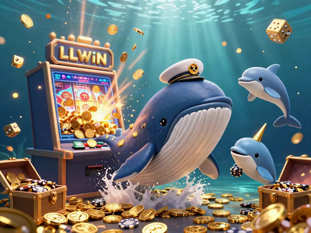 Engage with the LLWIN casino experience as a cartoon whale celebrates in gold and poker chip-filled waters.