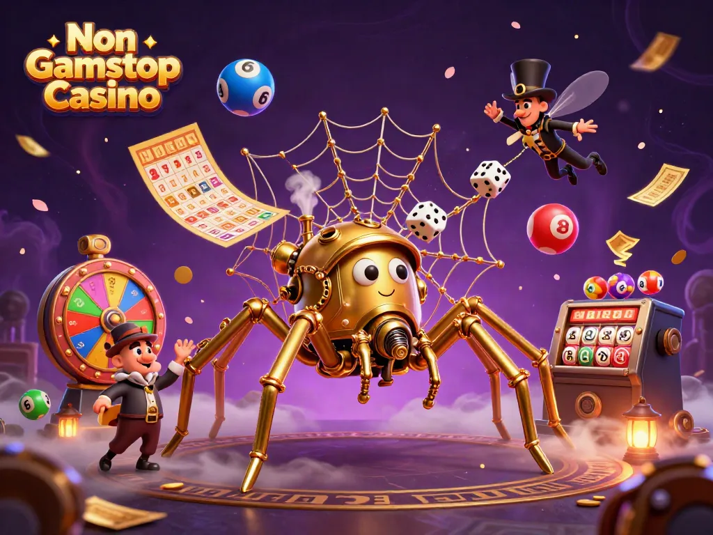 Experience the excitement of Non Gamstop Casino with vibrant lottery elements and a steampunk spider!