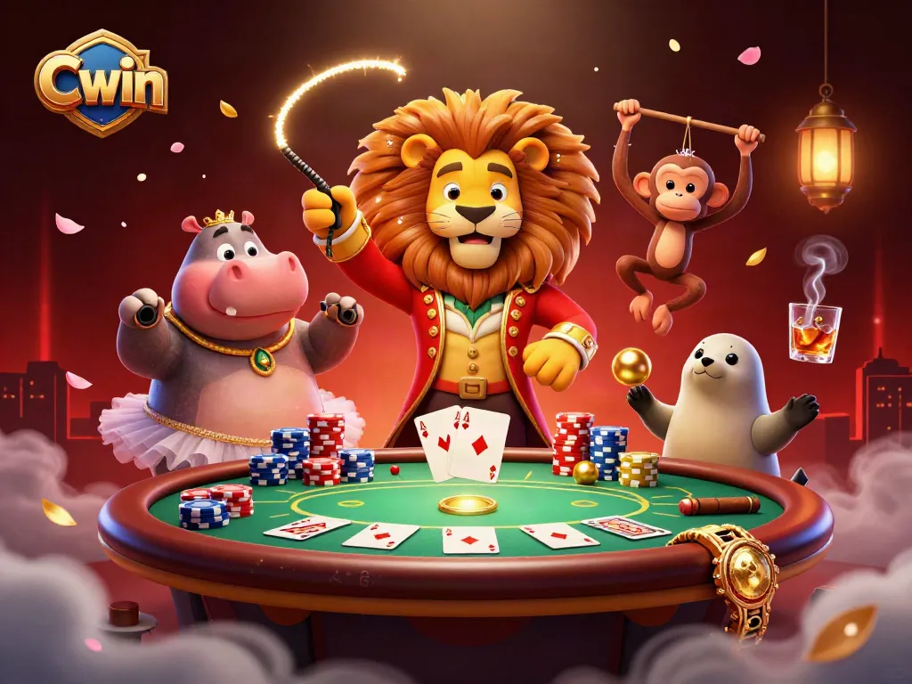 Experience the thrilling energy of Cwin Casino with colorful characters and dynamic poker elements.