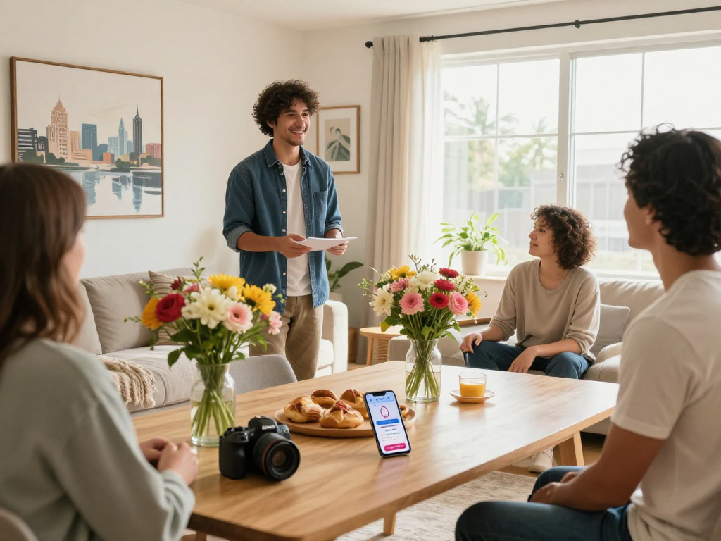 How much does an Airbnb host make? Stylish host preparing a welcoming space for guests, showcasing inviting atmosphere.