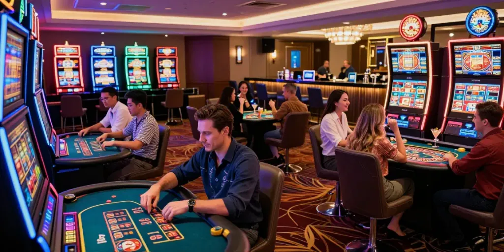 Engaging scene at a UK casino not on Gamstop with diverse players enjoying games in a lively atmosphere.