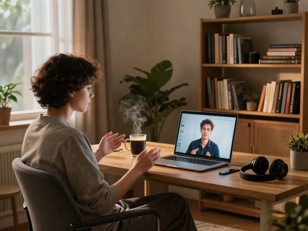 Engaging in a porn AI chat in a cozy home office with warm lighting.