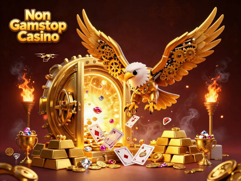 Experience the excitement at Non Gamstop Casino with a golden eagle diving through holographic cards.