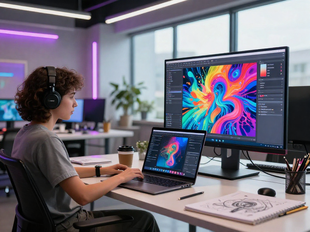 Creative workspace featuring AI-driven content creation and digital art exploration in a vibrant atmosphere, showcasing ai nsfw concepts.