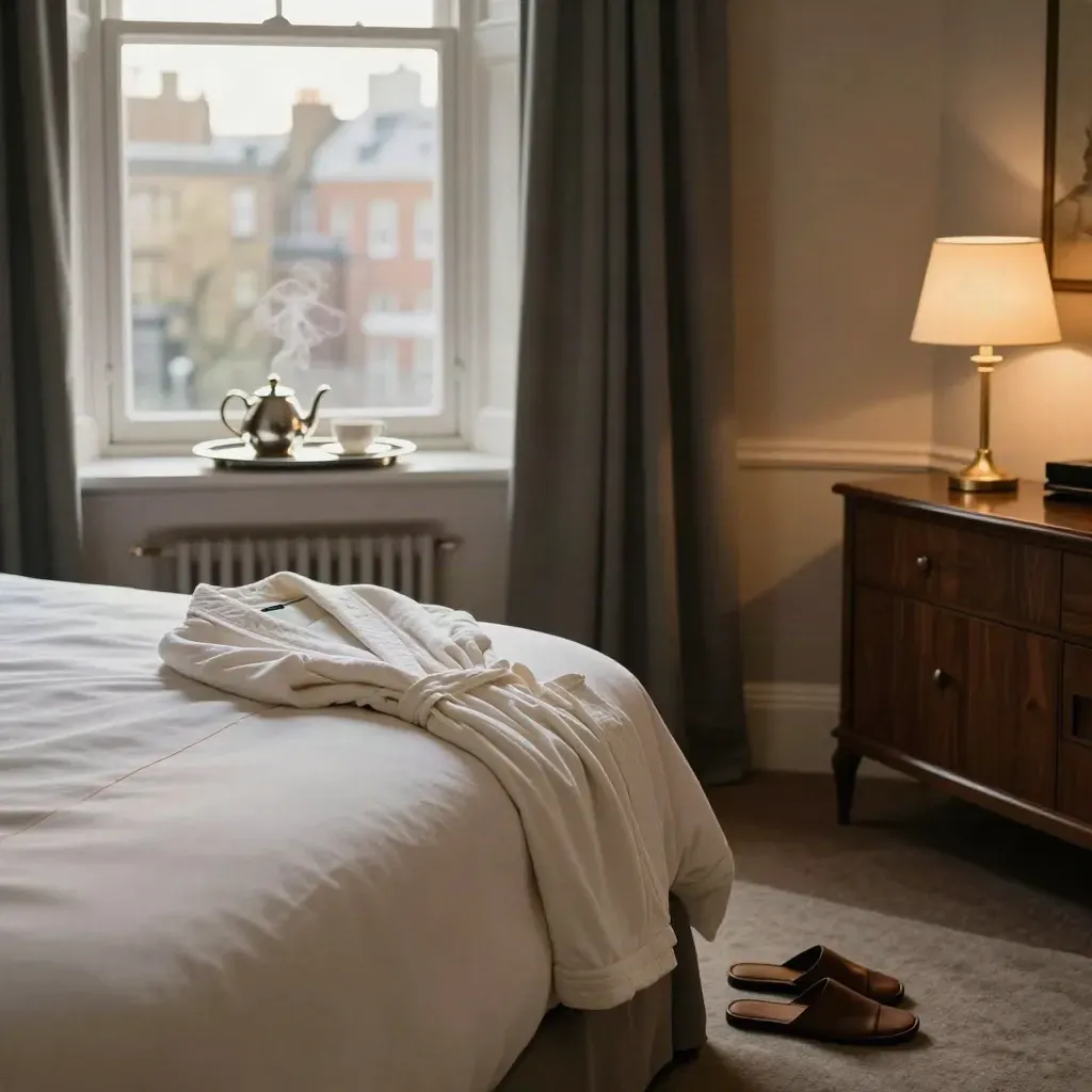 Turn-down London suite bed with tea tray, robe, slippers and steam by the window.