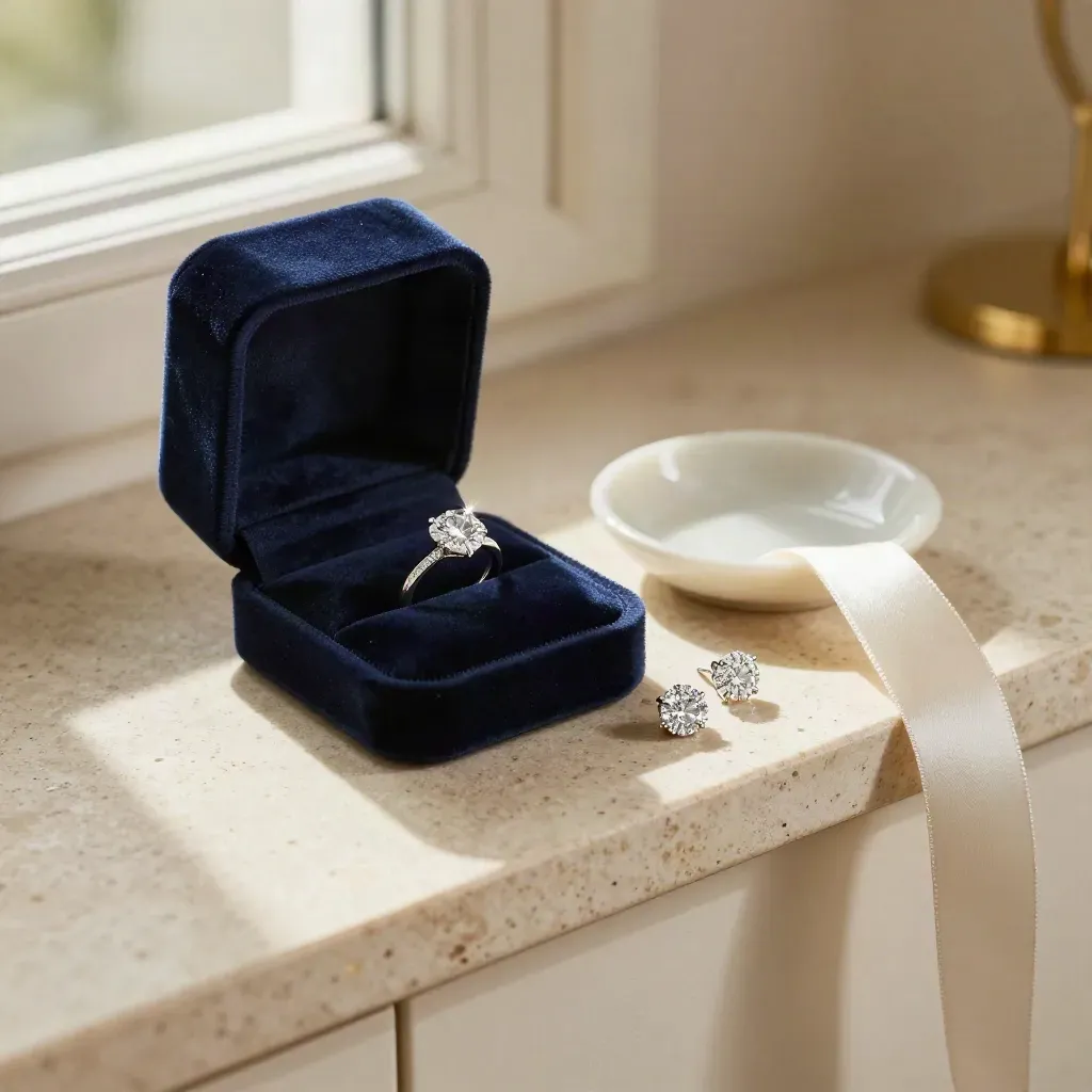Open navy velvet jewellery case with a diamond ring, studs, silk ribbon and stone dish in sunlit still life.