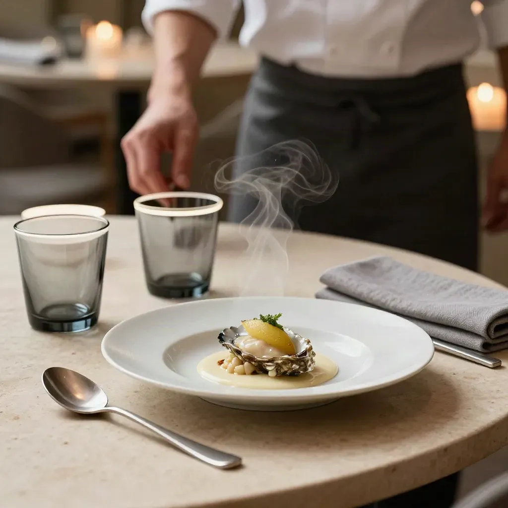 Elegant restaurant table with oysters, steaming tasting plate, smoked glassware, and linen in warm candlelight.