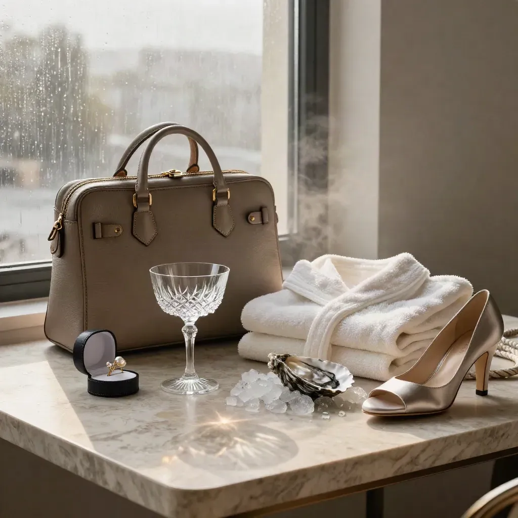 Luxury suite still life with travel folio, ring box, coupe, robe, oyster shell, heel, and yacht rope