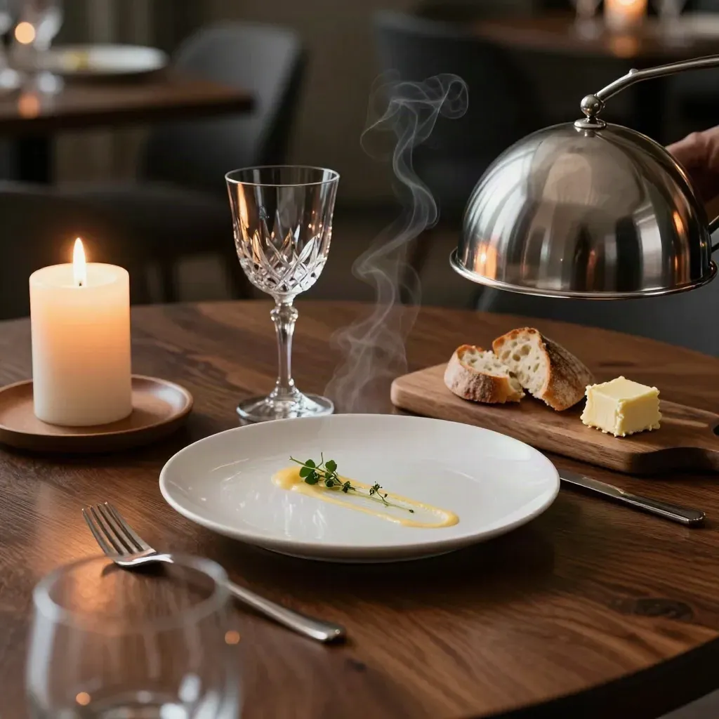 Candlelit tasting table with plated dishes, bread board, stemware and a lifted silver dome.