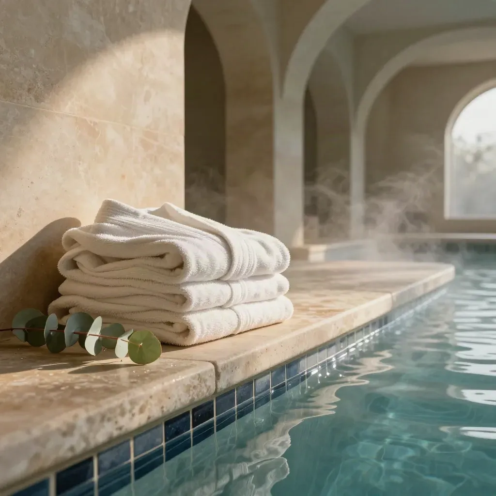 Steam over a limestone spa pool with stacked robes, eucalyptus and glowing arches.