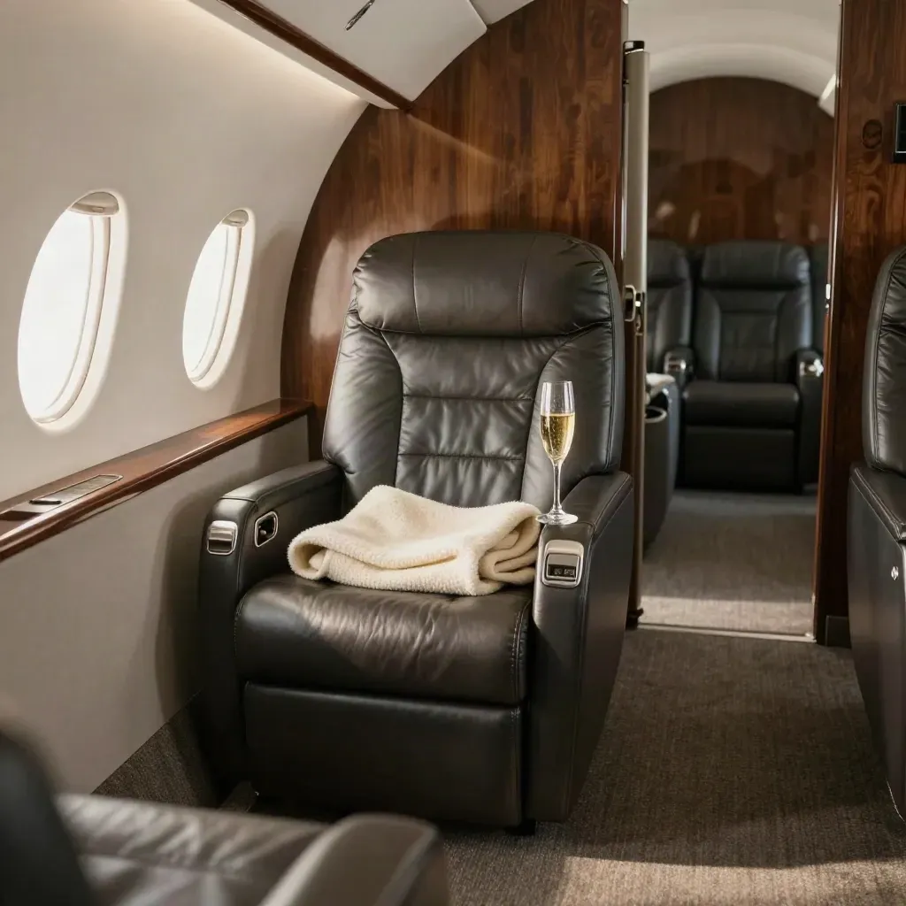 Private jet cabin seat with blanket and champagne flute in soft tarmac light.
