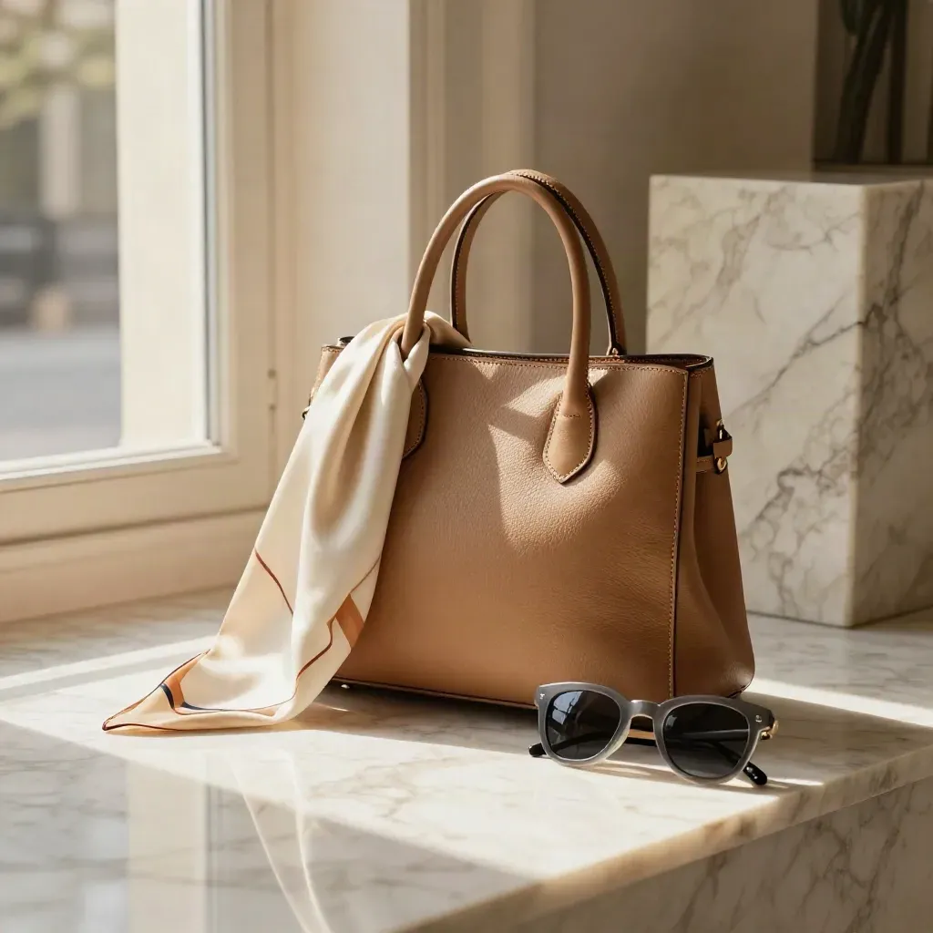 Tan designer bag beside silk scarf, sunglasses and marble pedestal in warm window light.