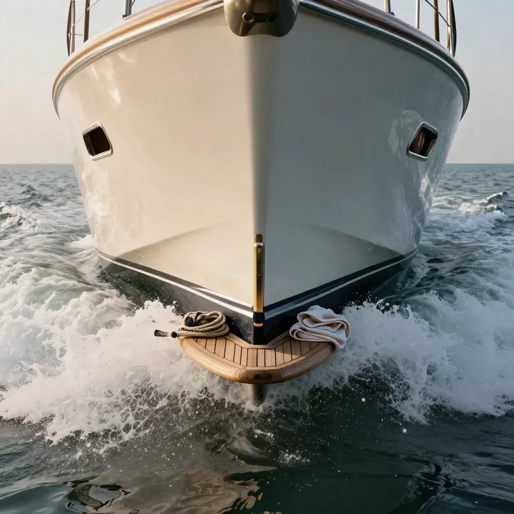 Sleek yacht stern slicing the Solent wake, rope, towels, spray and gold glints