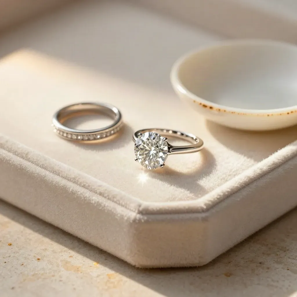 Diamond ring in cream velvet tray beside pavé bands and a stone dish