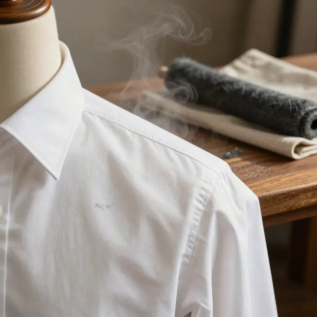 Pressed white shirt on a tailor’s mannequin with steam, chalk dust and cloth bolts