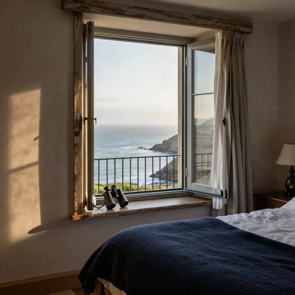 Cornwall cliff-suite with open balcony door, navy throw and binoculars, sea mist drifting in.