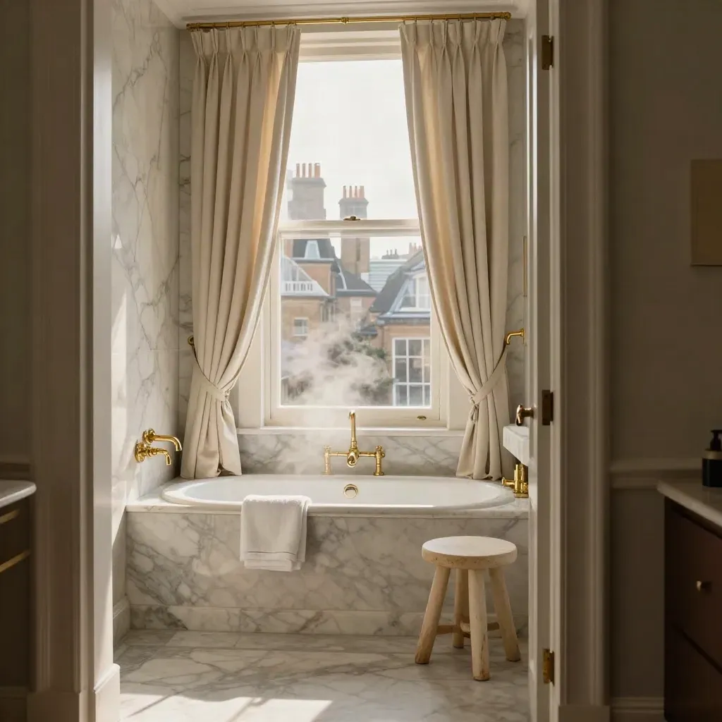 Mayfair suite with cream drapery, deep bath, marble walls and London rooftops in morning haze