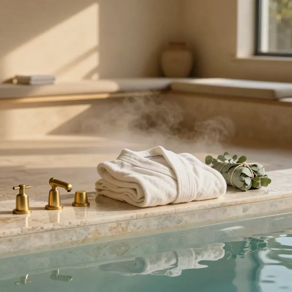 Limestone spa pool with robes, eucalyptus bundles and steam over still water.