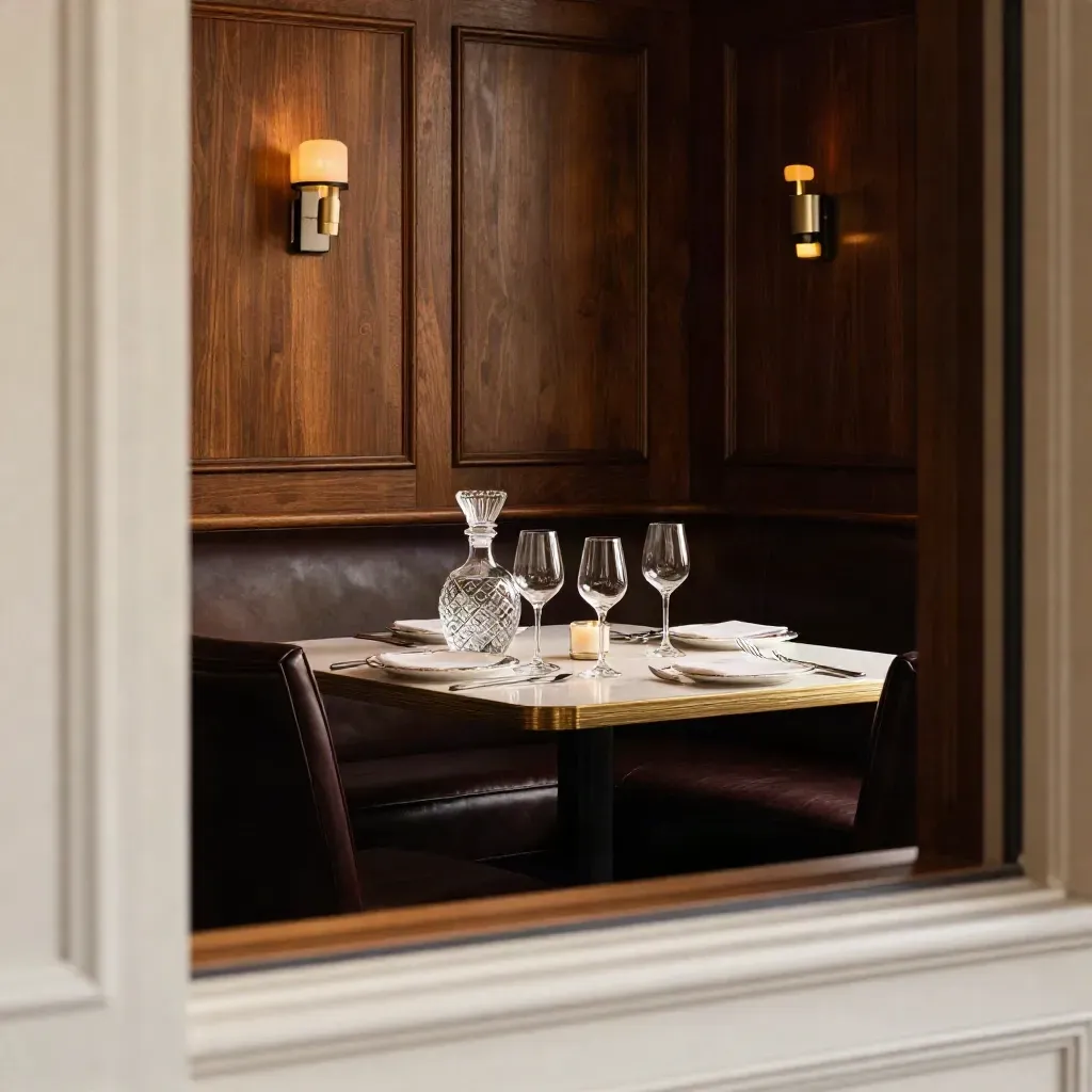 Empty private club dining room glowing before service, viewed through a doorway.