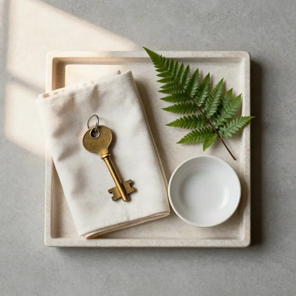Brass hotel key with linen, dish and fern on a stone tray
