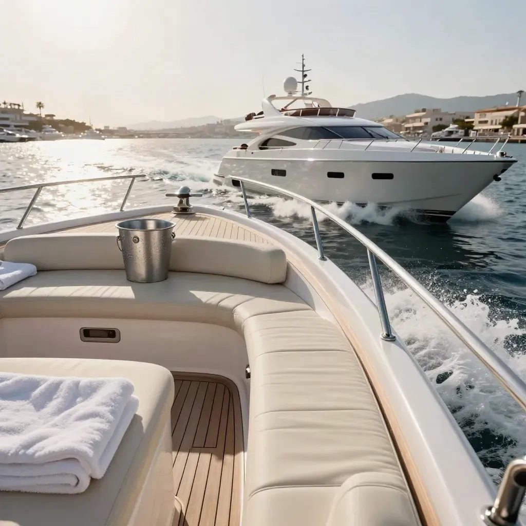 Cannes yacht stern surging from marina, towels, chilled bucket, and shimmering wake