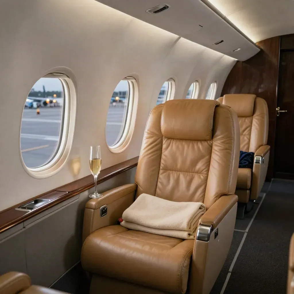 Private jet cabin at dusk with leather seats, blankets and runway lights beyond the window.