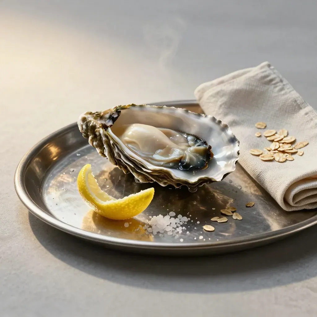 Open oyster on silver tray with napkin and lemon peel on stone.