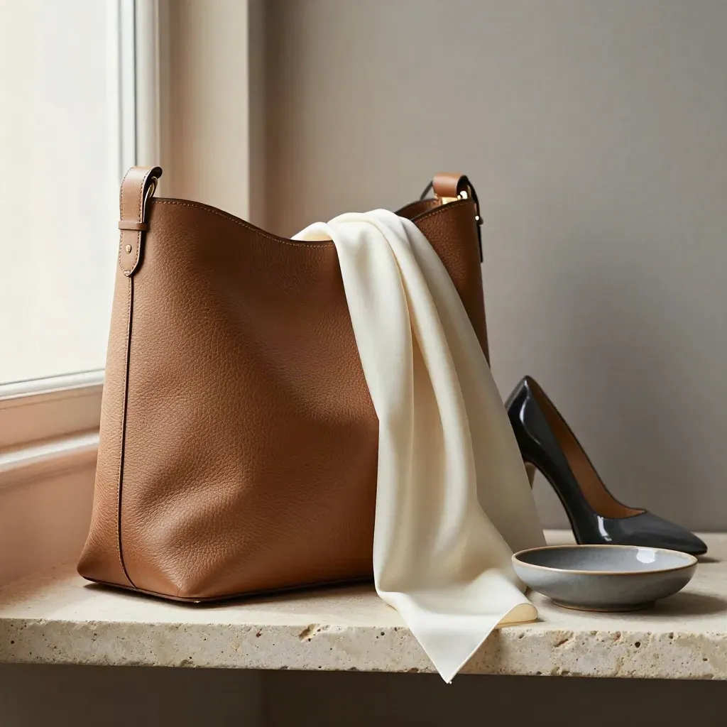 Tan leather shoulder bag, silk wrap and polished heel on a pale stone shelf in soft window light.