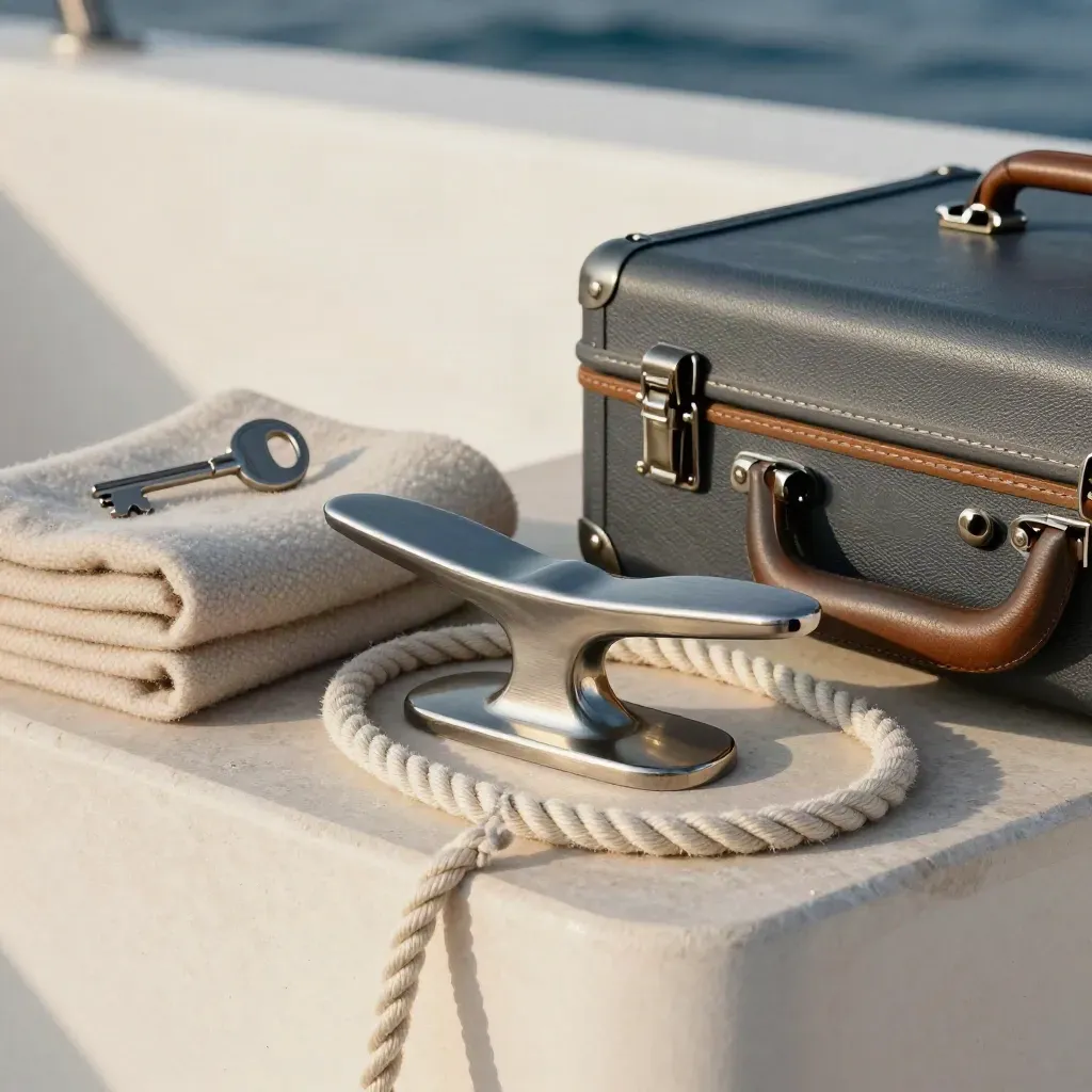 Yacht cleat, cream rope, folded throw and closed flight case on a pale stone surface.