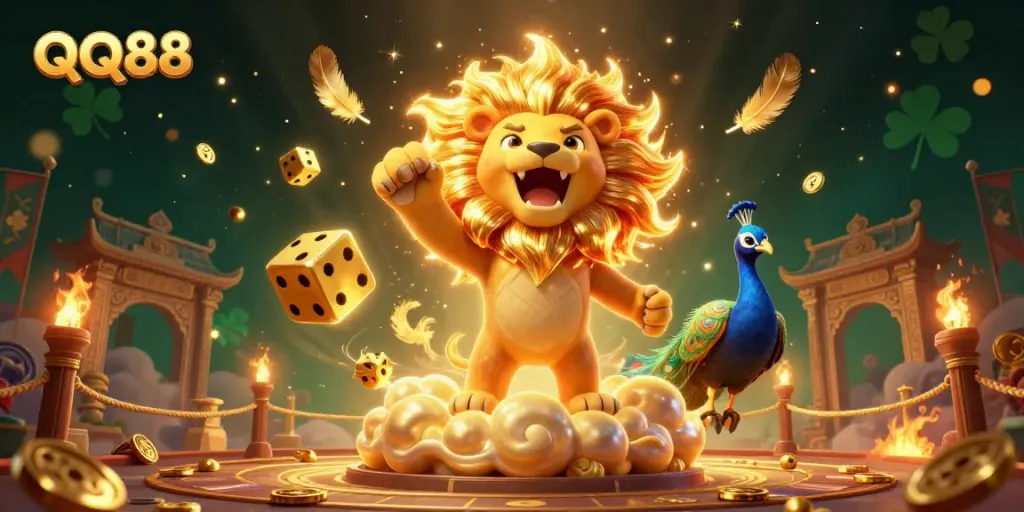Experience thrilling gaming action with QQ88's vibrant and dynamic 3D casino illustration.