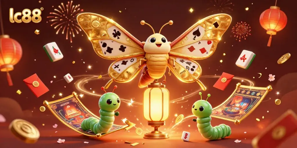 Experience the excitement of lc88 with a vibrant 3D casino-themed illustration featuring an atlas moth.